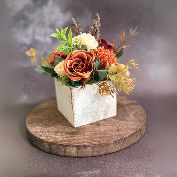 Fall Faux Floral Arrangement in Rustic Wooden Box – Home or Office Decor - Picture 3 of 10